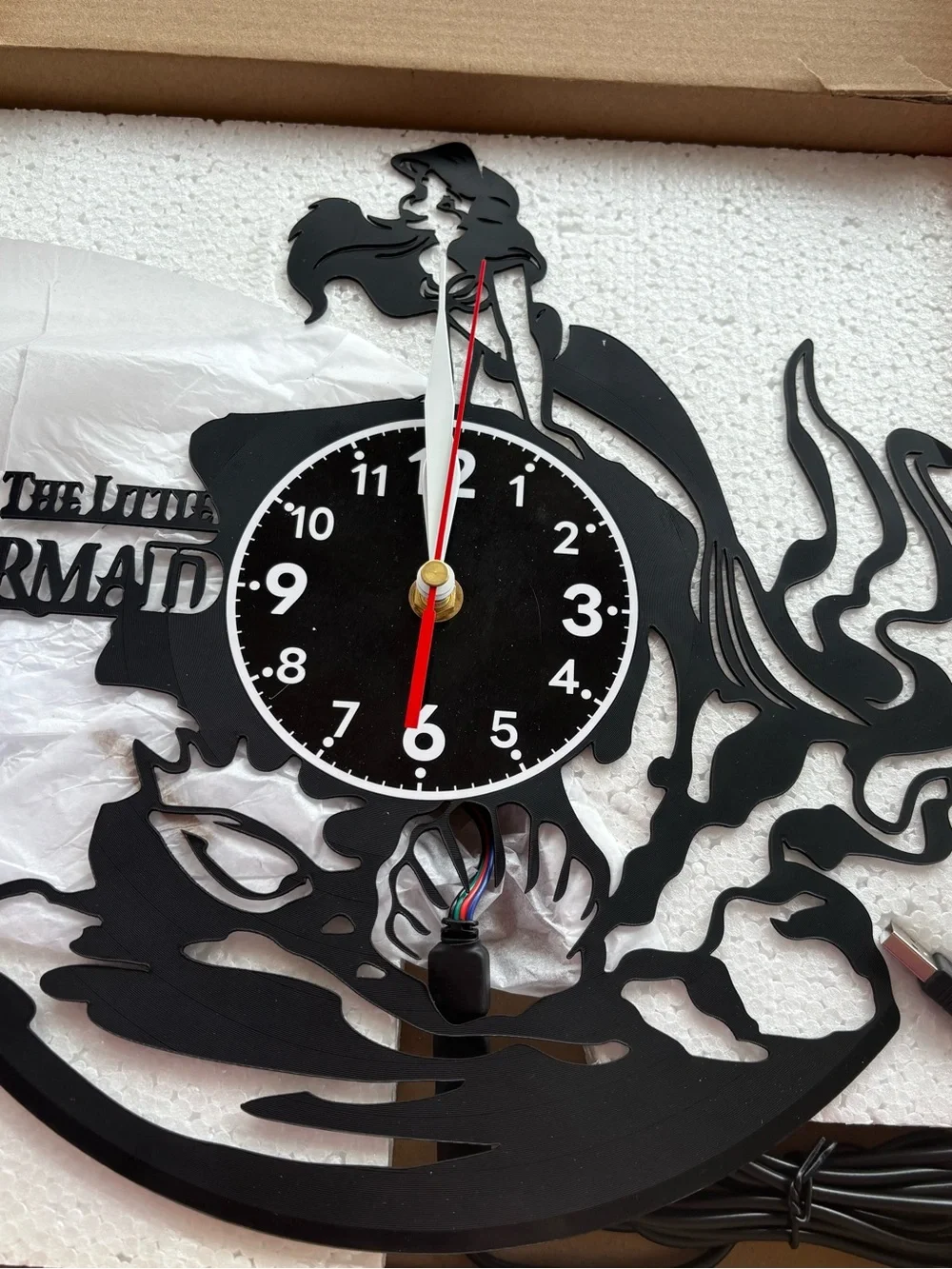 Black Mermaid Wall Clock - The Little Mermaid with led  lights remote control